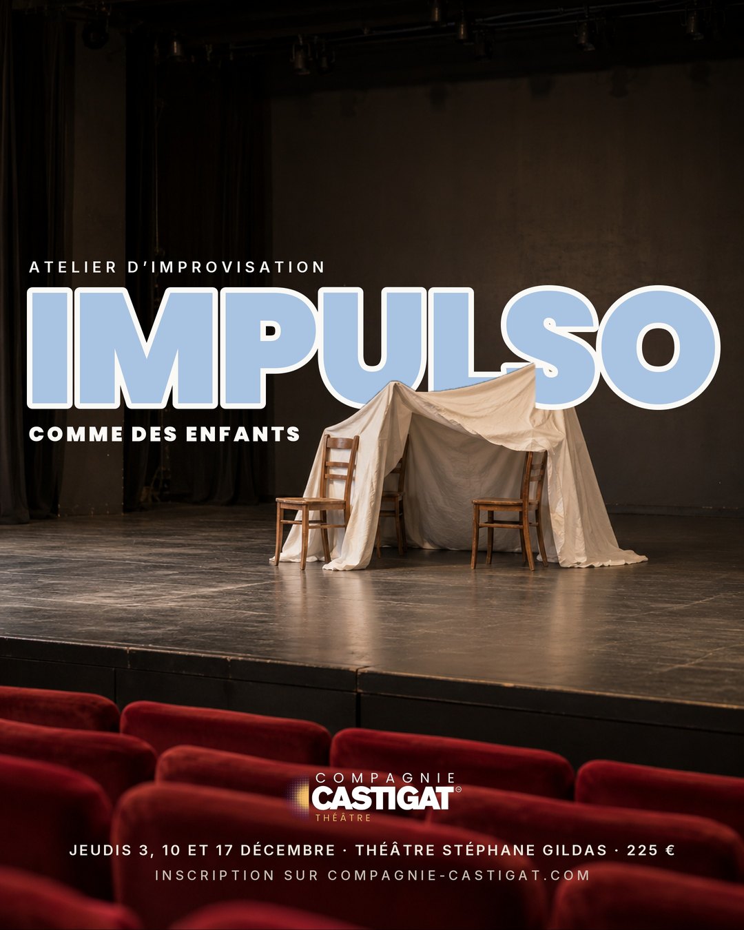 Affiche IMPULSO, atelier d'improvisation, jeudis 3, 10 et 17 décembre 2026